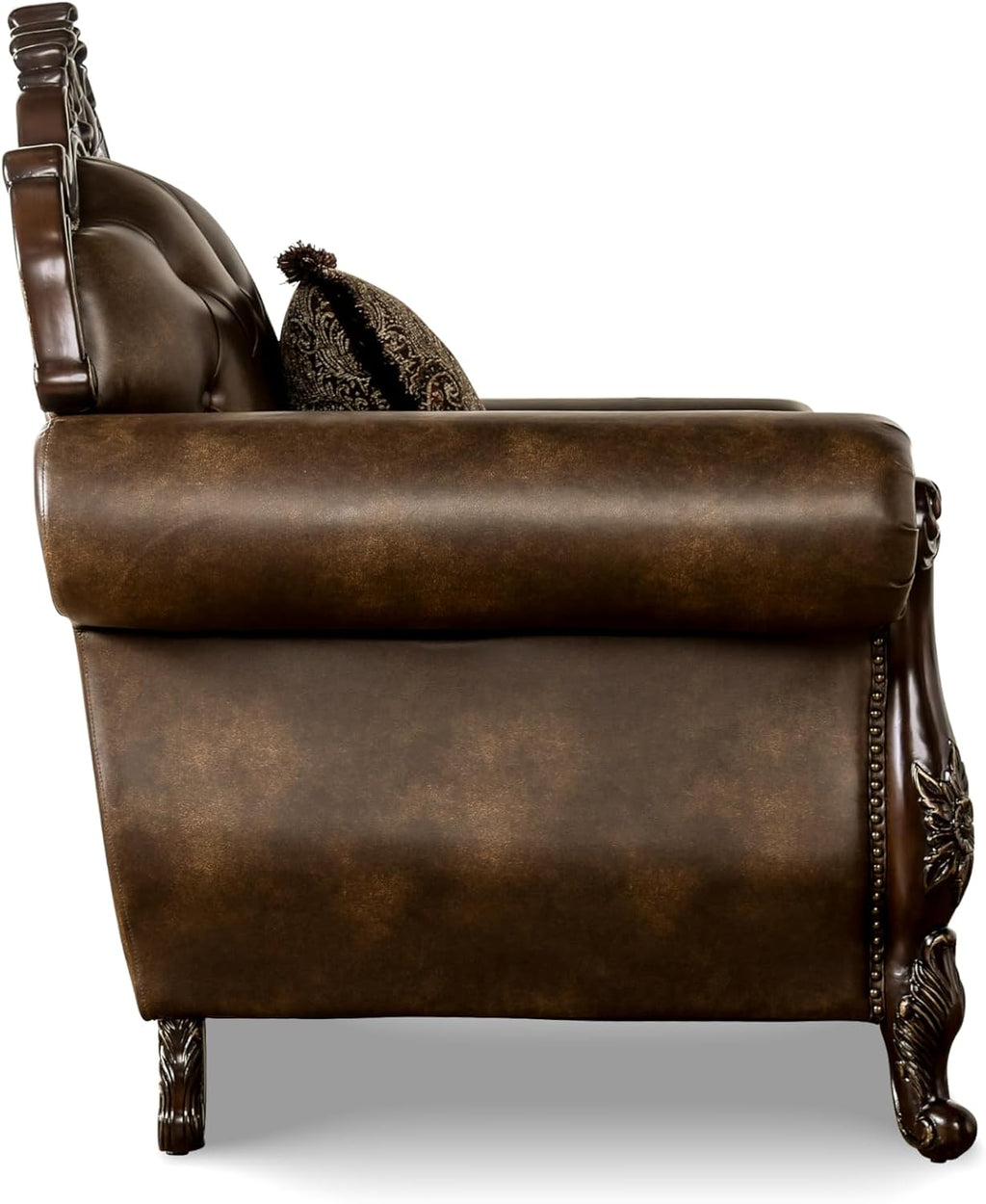 Furniture of America Grant Faux Leather 52-inch 1-Seater Chair with Button Tufted Back and Nailhead Trim, Accent Pillows Included & Carved Details for Living Room, Home Office, Brown