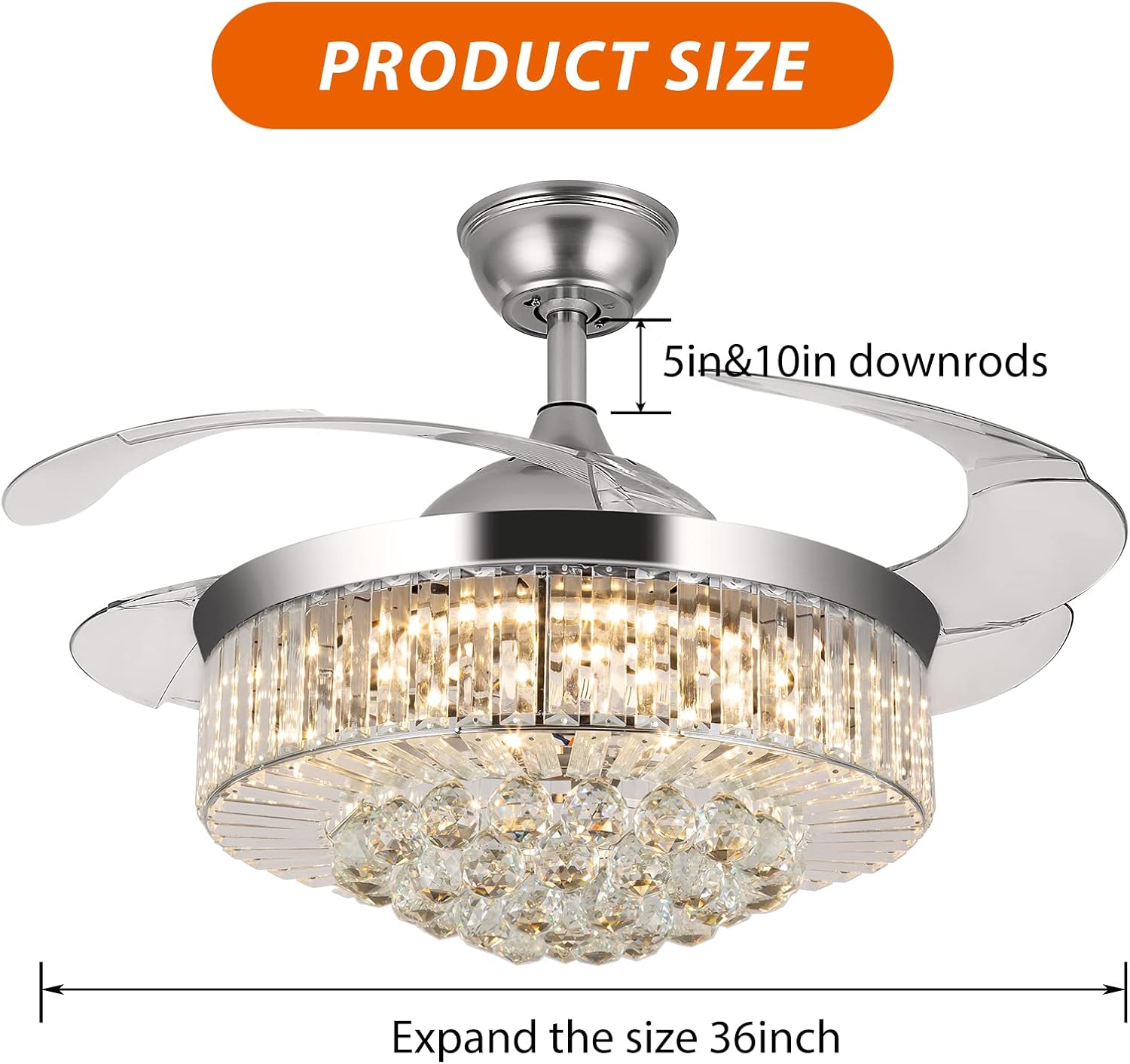 WWahuayuan 36' Chandelier Ceiling Fan Light, Modern Retractable Invisible Ceiling Fan Light Remote Control 4 Retractable ABS Blades for Bedroom Living Room Dining Room Decoration