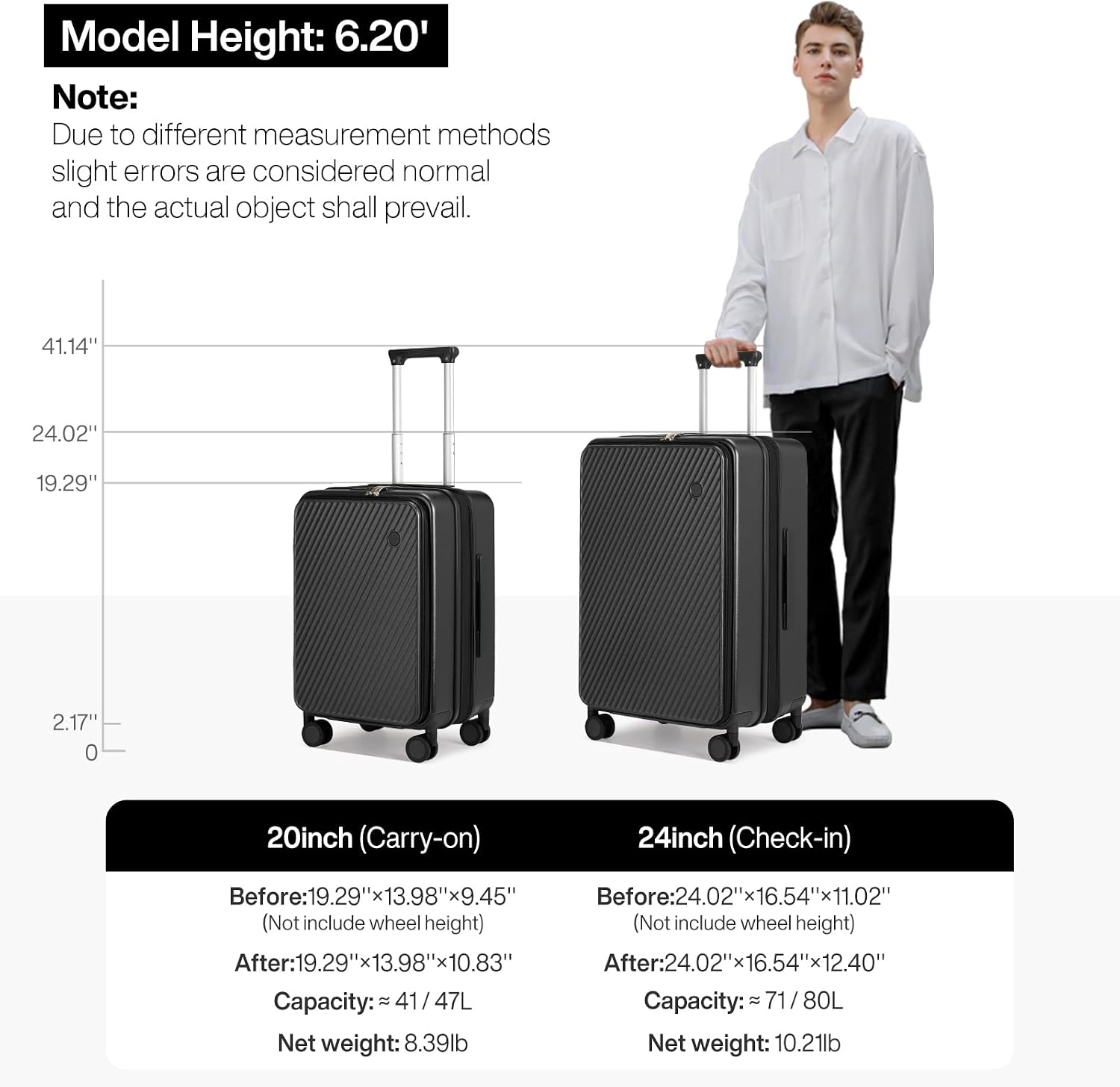 mixi 24 Inch Large Expandable Checked Luggage PC Hard Shell Suitcase Top Opening Rolling Travel Suitcases with Spinner Wheels & TSA Lock, Black
