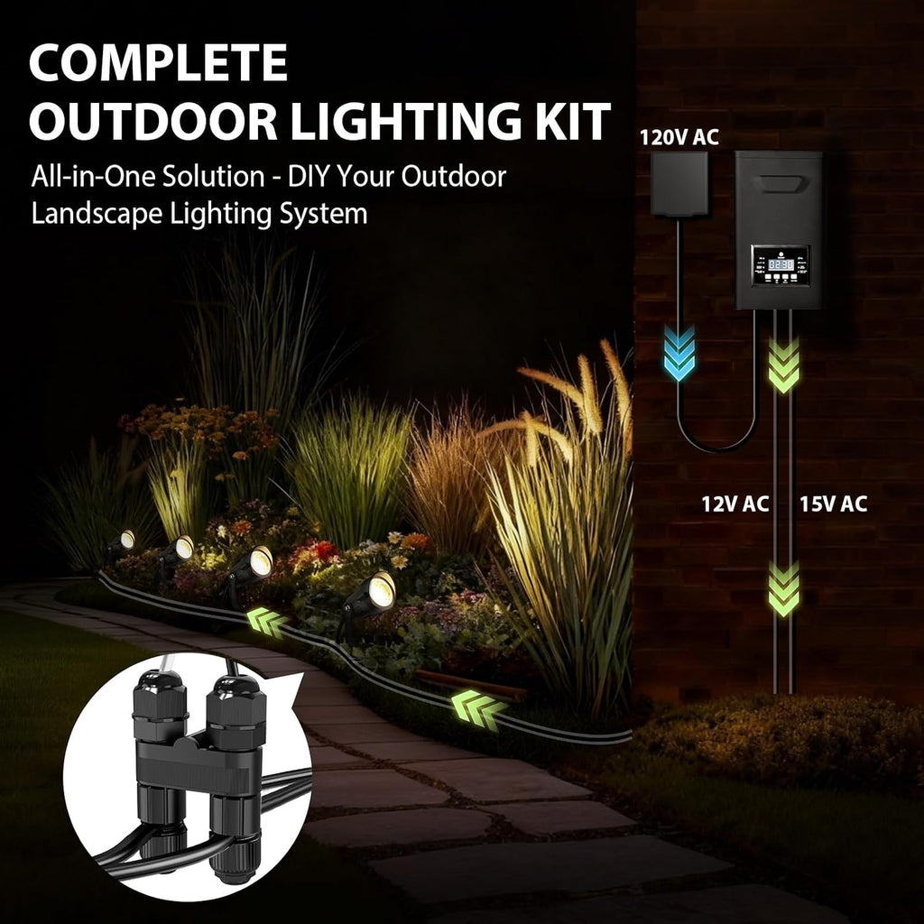 12W Low Voltage Landscape Lighting Kit, 3000K LED Landscape Lights with 200W Transformer, 100FT 16/2 Wire and Connectors, Waterproof Outdoor Spotlights for Yard, Garden, Pathway, 12V-24V AC/DC, 12Pack