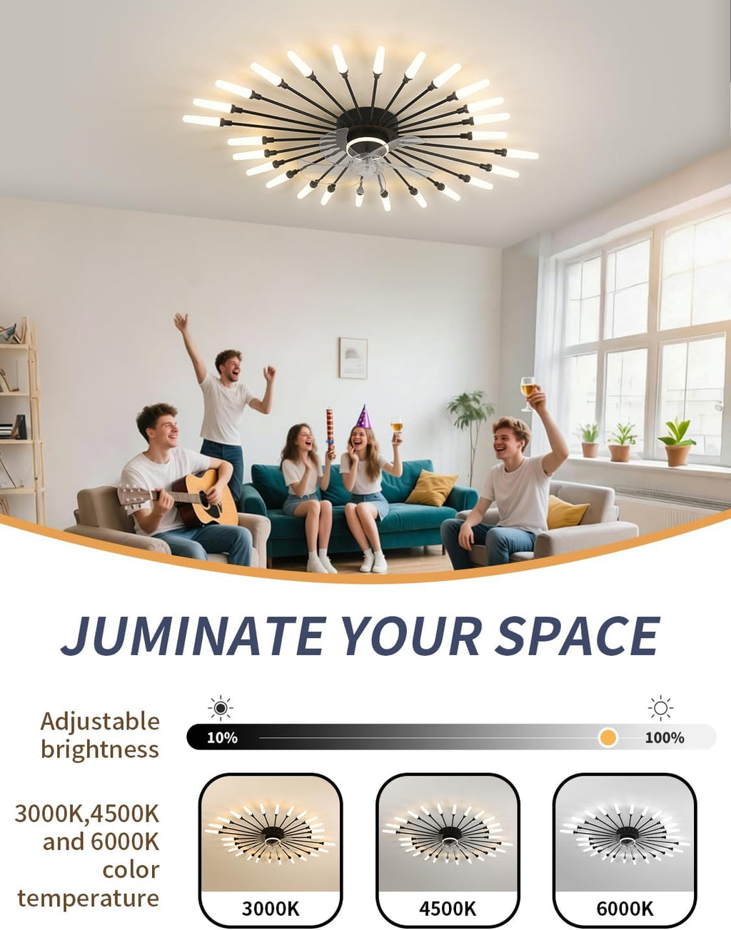 39' Modern Ceiling Fan with Lights and Remote, Low Profile Ceiling Fans with Tri-Color Light 6-Speed Wind, Flush Mount Ceiling Fan with Led Light for Living Room Bedroom Dining Room，Black