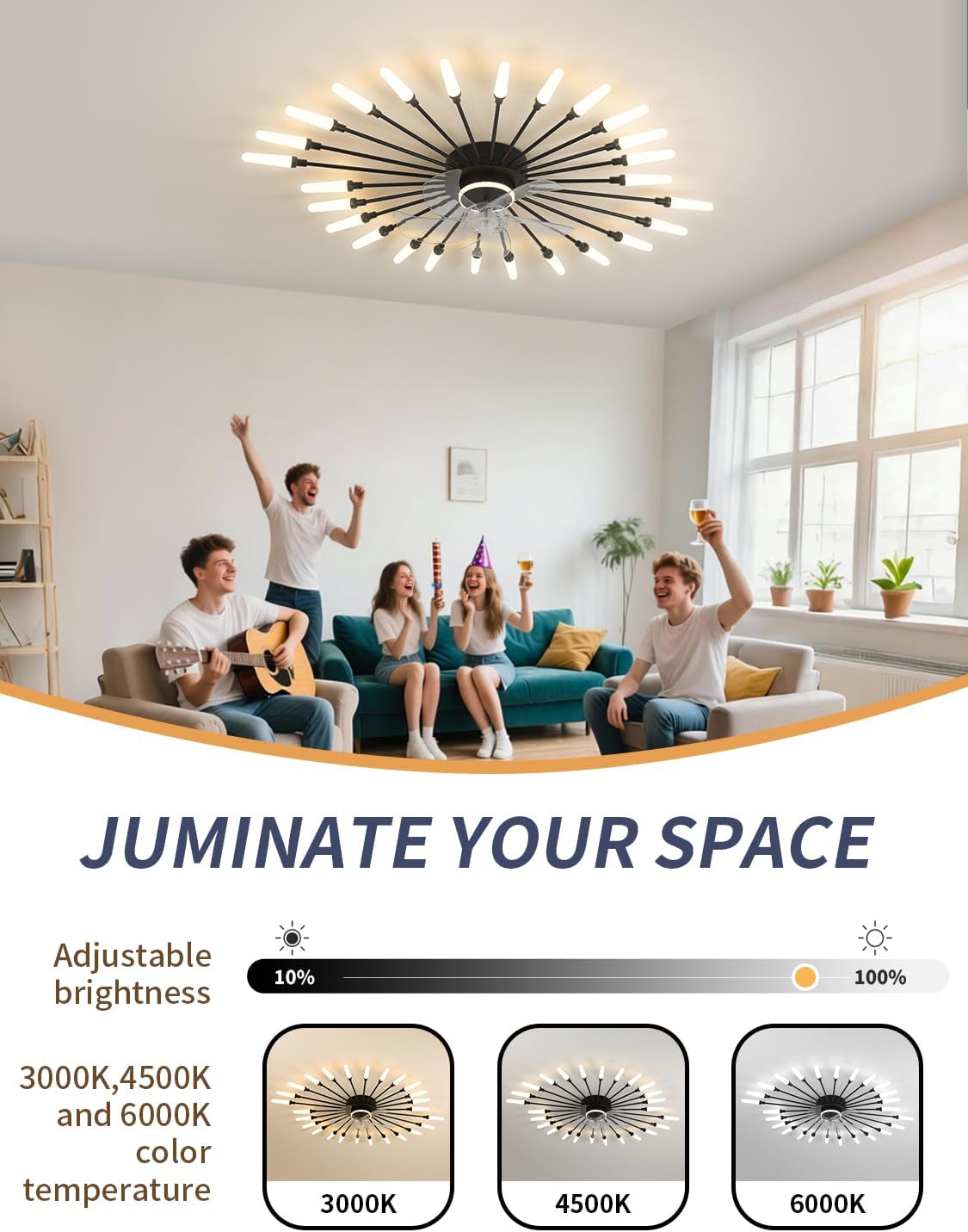 39' Modern Ceiling Fan with Lights and Remote, Low Profile Ceiling Fans with Tri-Color Light 6-Speed Wind, Flush Mount Ceiling Fan with Led Light for Living Room Bedroom Dining Room，Black