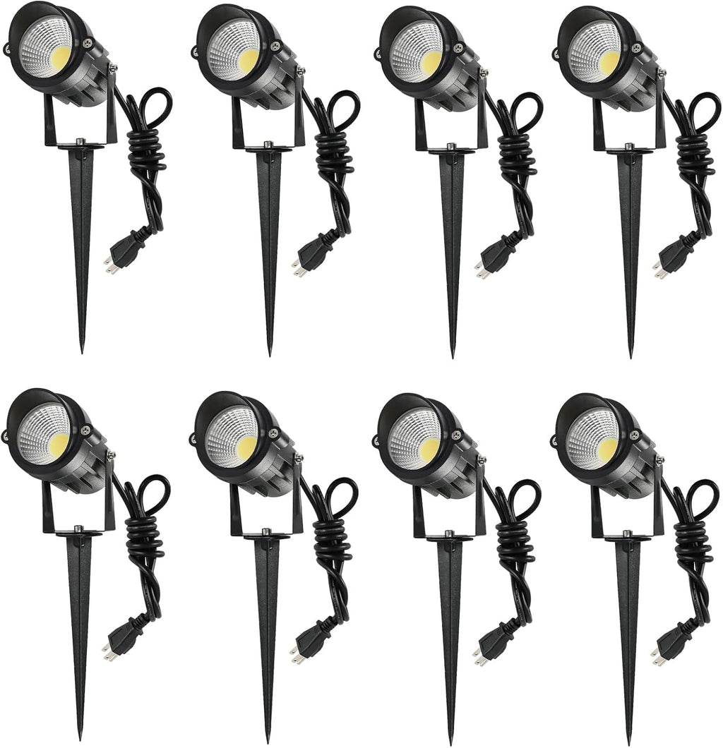 8 Pack 7W 3CCT Outdoor LED Landscape Spotlights 110V-220V | USA Plug and Hardwired, High Brightness 700LM, IP65 Waterproof, Spiked Tree Uplights, Landscape Lights for Pathway Garden