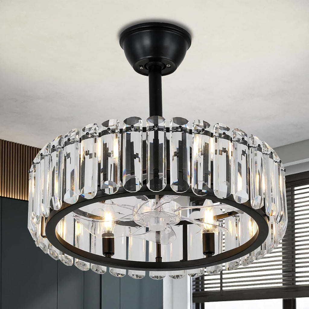 FRIXCHUR Crystal Caged Ceiling Fan with Lights and Remote 20.7 Inch Black Fandelier Semi Flush Mount 6 Speed Reversible Chandelier for Dining Bedroom Living Room Kitchen E12 x 6 Bulbs Not Included