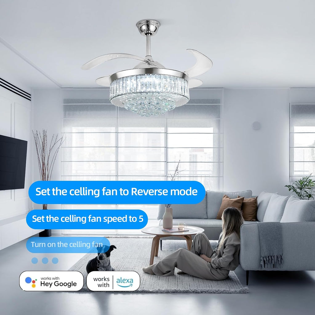 42' Smart Retractable Crystal Ceiling Fan with Light: Alexa/Google Home & Remote, Bluetooth Speaker, Dimmable RGB Light, 6-Speed Reversible Fandelier Chandelier Fan for Bedroom,Dining/Living Room