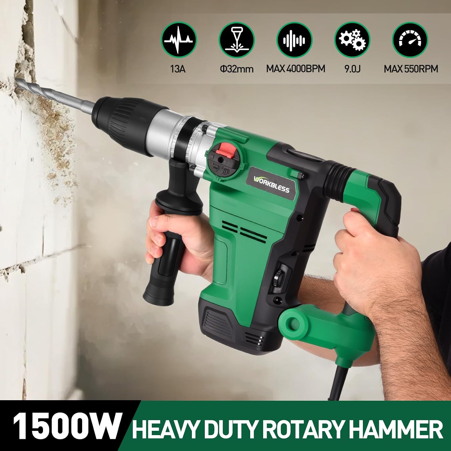 SDS Max Rotary Hammer Drill, 1-1/2 Inch 13 Amp Heavy and Duty Corded Concrete Demolition Hammer with 3 Functions, 6 Variable Speed, Safety Clutch, Vibration Control, 2 Chisels