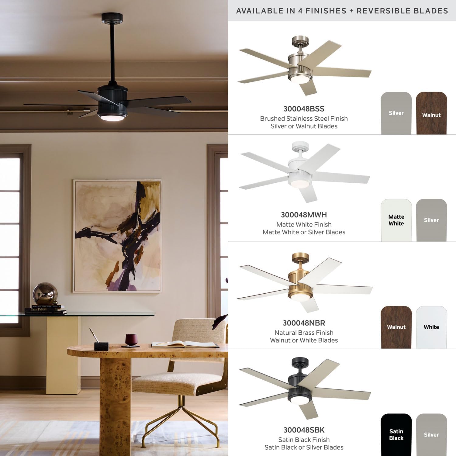 Kichler Brahm 48 in Indoor Ceiling Fan with LED Light, 3-Speed AC Motor with Reversible Blades and Handheld Remote in Natural Brass, for Living Room, Dining Room, Kitchen and Bedroom, 300048NBR