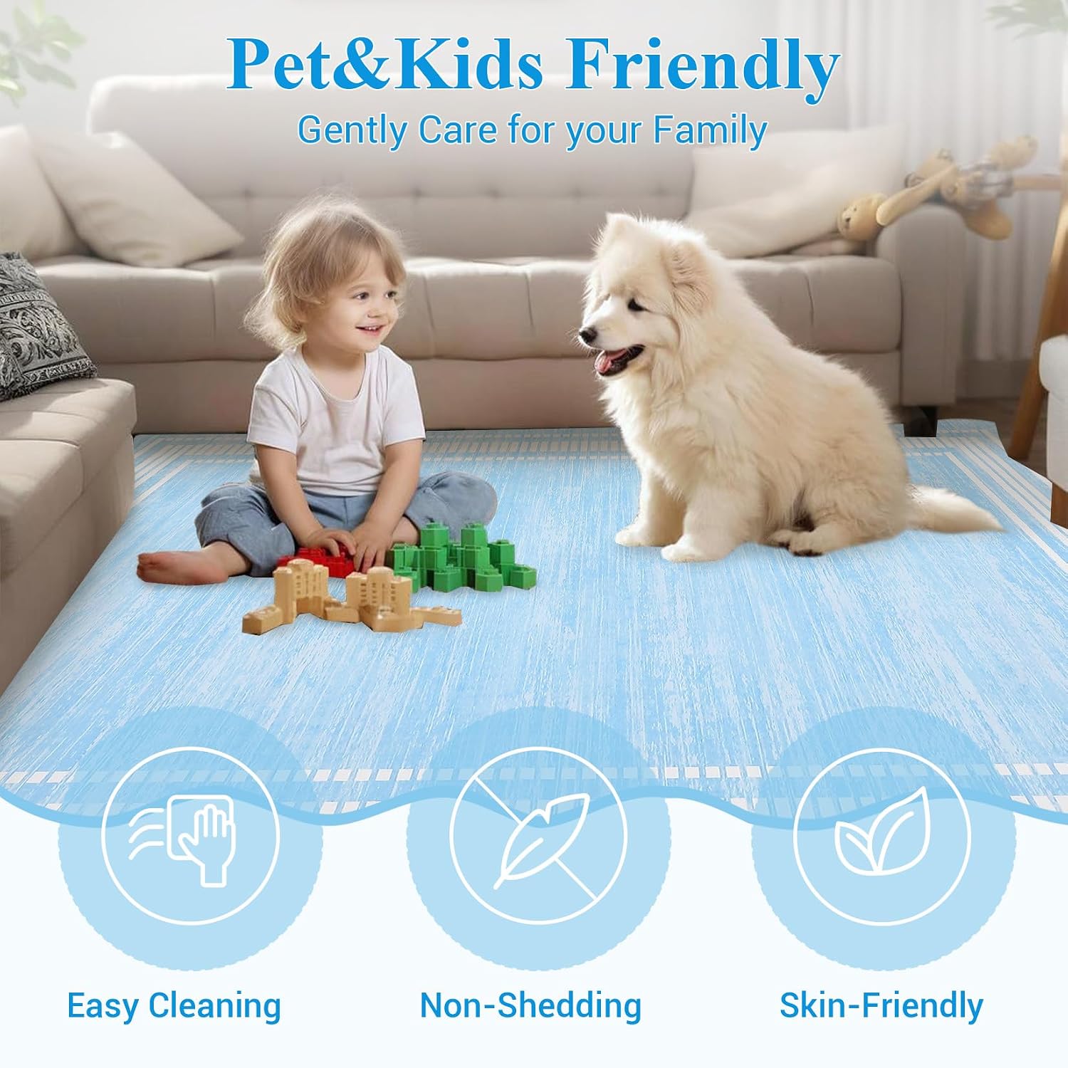 Garvee Washable Rugs 10x13 Area Rugs for Living Room Bedroom, Low Pile Ultra Soft Solid Neutral Carpet, Non Slip & Non Shedding Modern Scalloped Print Floor Mats for Home Decor, Light Blue