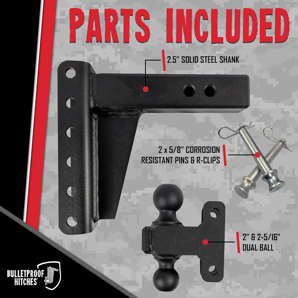 BulletProof Hitches - 2.5' Adjustable Heavy Duty Trailer Hitch (22,000 lb. Rating) - 6' Drop/Rise Trailer Hitch with 2' & 2-5/16' Dual Ball - Powder Coat, Solid Steel, Corrosion-Resistant