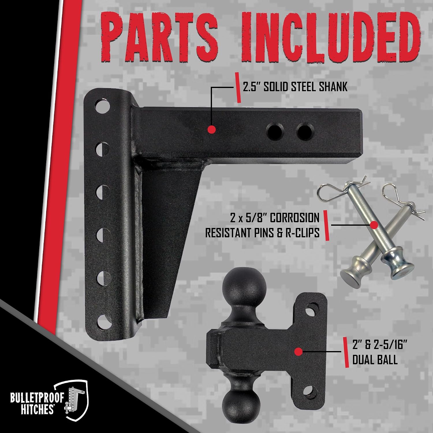 BulletProof Hitches - 2.5' Adjustable Heavy Duty Trailer Hitch (22,000 lb. Rating) - 6' Drop/Rise Trailer Hitch with 2' & 2-5/16' Dual Ball - Powder Coat, Solid Steel, Corrosion-Resistant