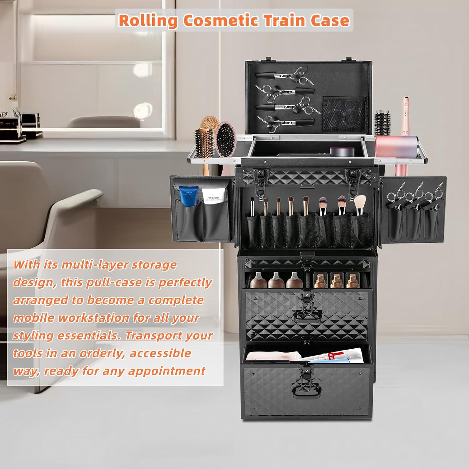 Rolling Makeup Suitcase with 2 Drawers, Lockable Nail Salon Cart Makeup Train Case Cosmetic Luggage for Beauty, Cosmetology Case on Wheels Trolley Cart for Manicure Hairstylist