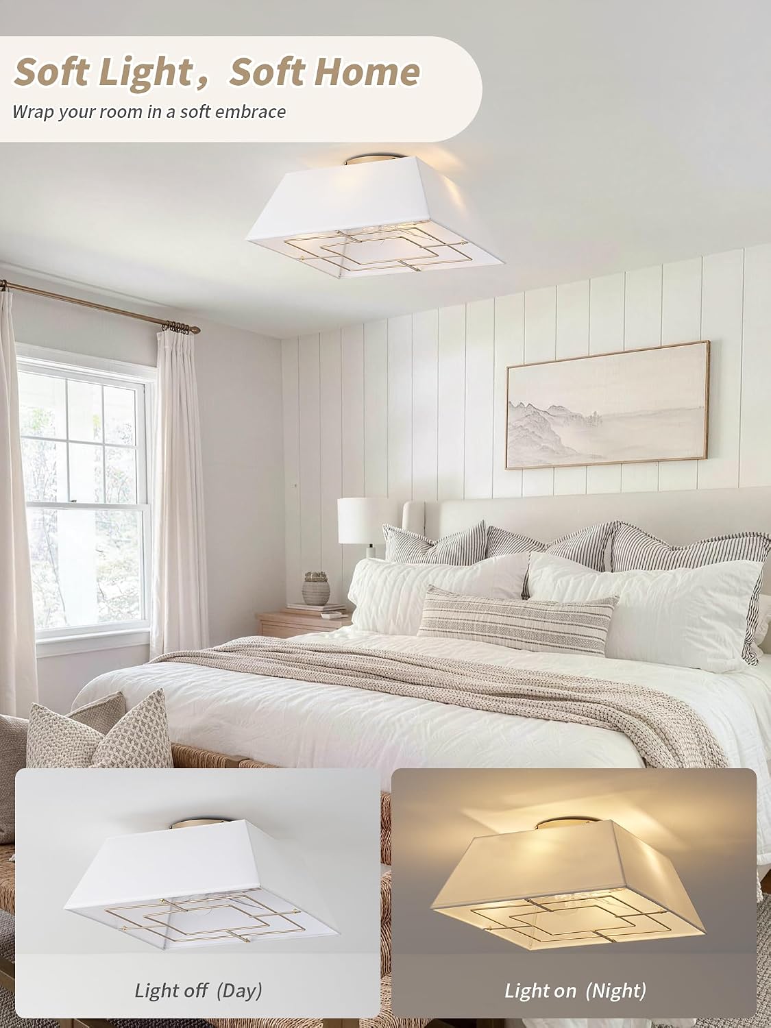 20' Boho Ceiling Fans with Lights Flush Mount, Bladeless Ceiling Fan with Light Remote Control, Square with 6 Speeds for Bedroom, Living Room, Nursery
