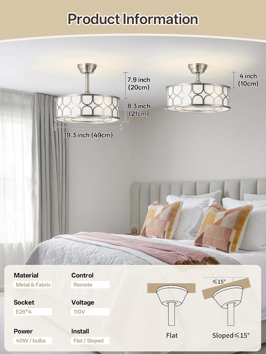 20' Sliver Boho Fandelier Ceiling Fans with Lights, Caged Bladeless Ceiling Fan with Light Remote Control. Chandelier with 6 Speeds for Bedroom, Nursery, Living room.