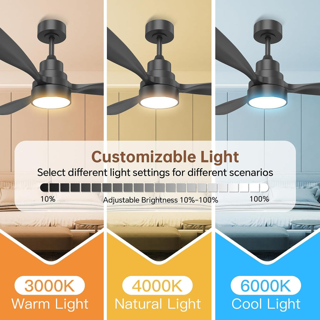 CACI Mall 48 inch Smart Ceiling Fans with Lights, Black, Low Profile, Modern, 3 Blades, Solid Wood, Remote Control, Work with Alexa/Google, Outdoor Indoor Ceiling Fans for Patio Living Room Bedroom