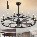 44' Wagon Wheel Chandelier with Fans, Black and Gold Wagon Wheel Ceiling Fan with 16-Light and Remote, Farmhouse Chandelier for Living Room, Adjustable Height, 6-Speed Reversible Quiet Large Fandelier