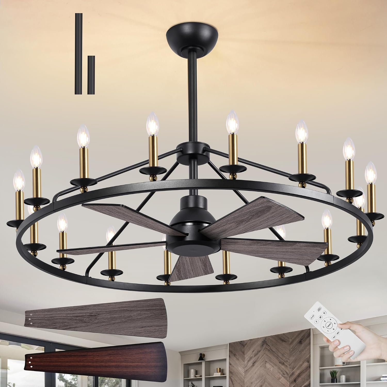 44' Wagon Wheel Chandelier with Fans, Black and Gold Wagon Wheel Ceiling Fan with 16-Light and Remote, Farmhouse Chandelier for Living Room, Adjustable Height, 6-Speed Reversible Quiet Large Fandelier