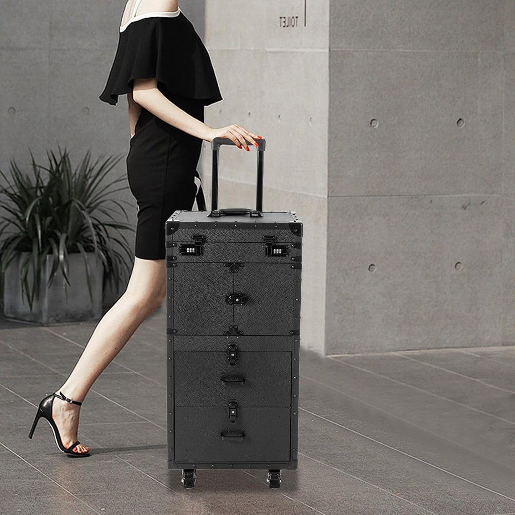 Makeup Case Trolley, Rolling Makeup Case with 4 Universal Wheels Large Professional Cosmetology Case with Sliding Drawer & Keys Multi-functional Cosmetic Train Case Trolley Storage Case Black