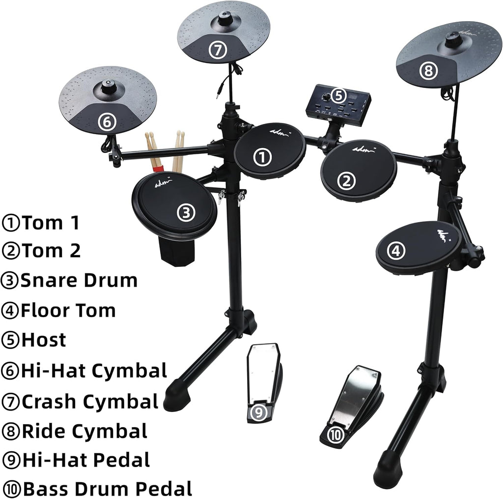 ADM Electronic Drum Set With 4 Quiet Electric Drum Silicone Pads, 180+ Sounds, Electric Drum Kit For Beginngers with 2 Switch Pedals, Throne, Headphones, DrumSticks, and Melodics Lessons