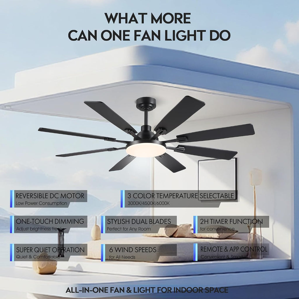 JSAITEE 60In Ceiling Fans with Lights - Black Low Profile Fan Light with 8 Blades, 6 Wind Speeds Reversible, Dimmable, Modern Light Fixture for Indoor Living Room, Kitchen, Coverd Patios