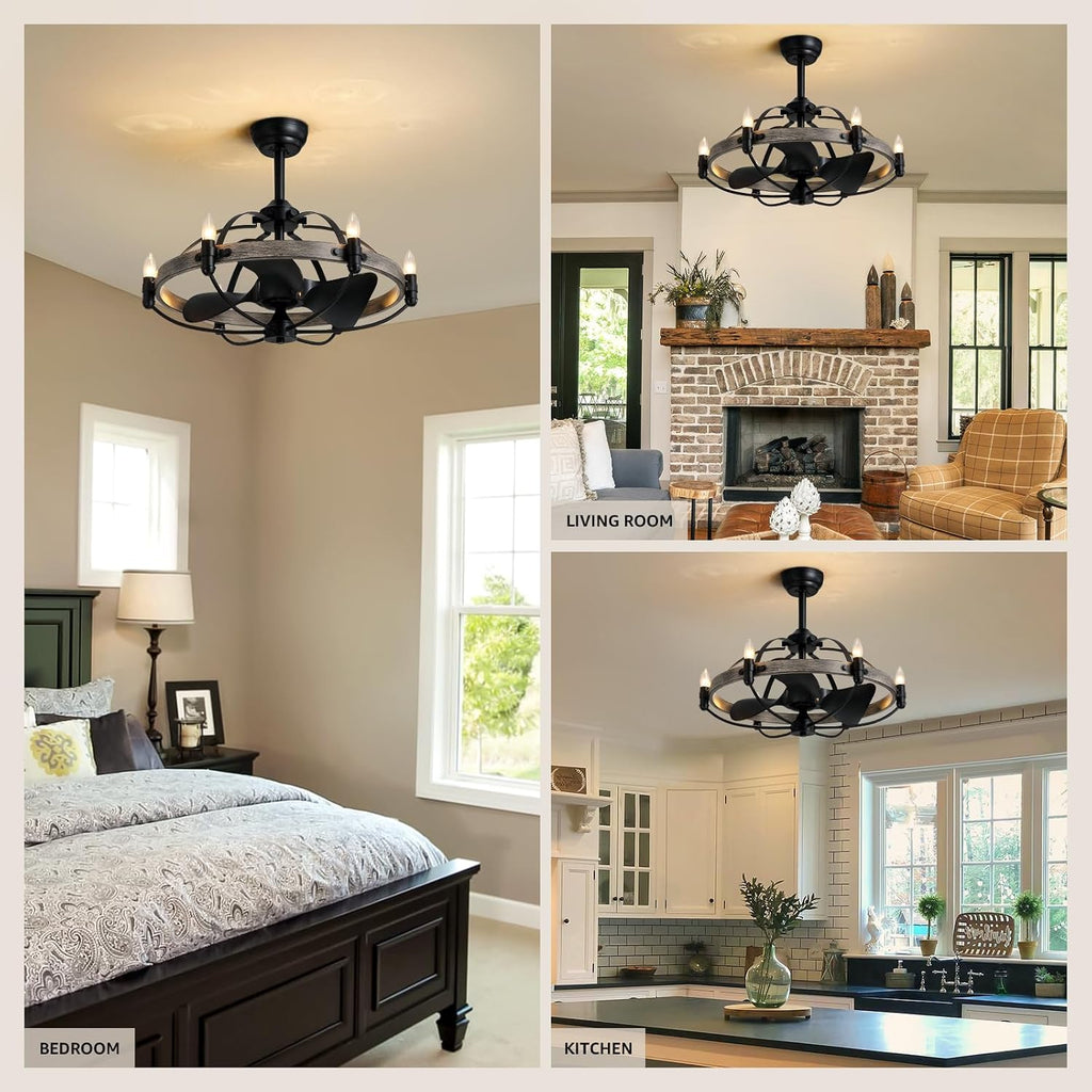 27'' Farmhouse Cage Ceiling Fan with Light Remote Control, Ash Brown Rustic Ceiling Fan with Lights,Vintage Chandelier Fan for Kitchen Dining Room Living Room