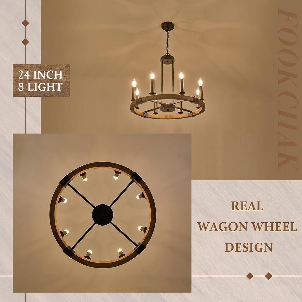 Farmhouse Wooden Wagon Wheel Chandelier 8 Light Round Chandelier Light Fixtures 24in Rustic Wood Wheel Chandelier for Kitchen Island Dining Room Entryway Living Room
