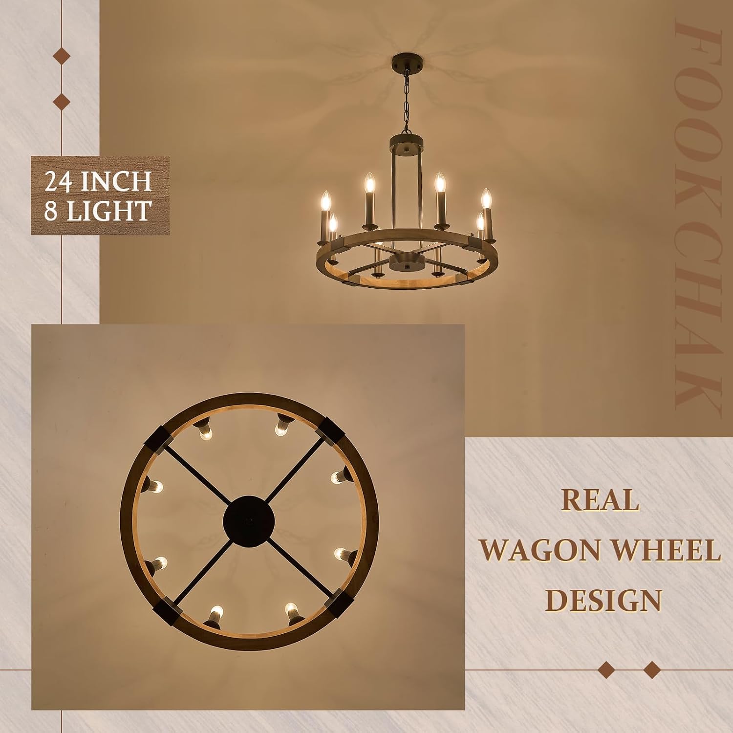 Farmhouse Wooden Wagon Wheel Chandelier 8 Light Round Chandelier Light Fixtures 24in Rustic Wood Wheel Chandelier for Kitchen Island Dining Room Entryway Living Room