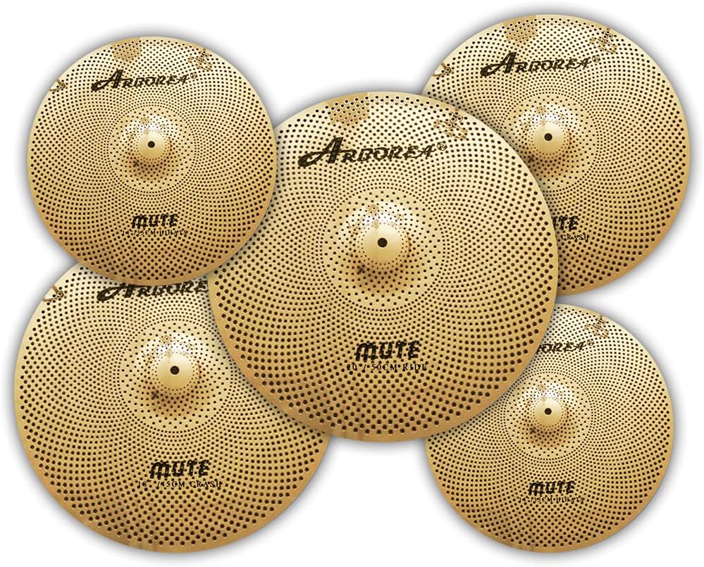 Arborea Mute Low Volume Cymbal Pack Bright Golden Cymbal set 14'hi-hat+16'crash+18'crash+20'ride 5Pcs Drummer Practice Cymbal
