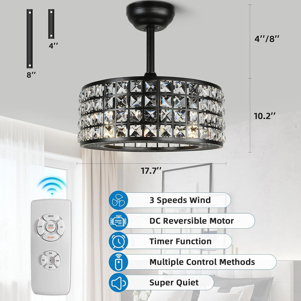 YYEHON Bladeless Ceiling Fan with Lights and Remote, 18' Caged Industrial Fandelier, Indoor Crystal Chandelier Ceiling Fan for Bedroom, Living Room, Dinning Room, Kids Room, Black