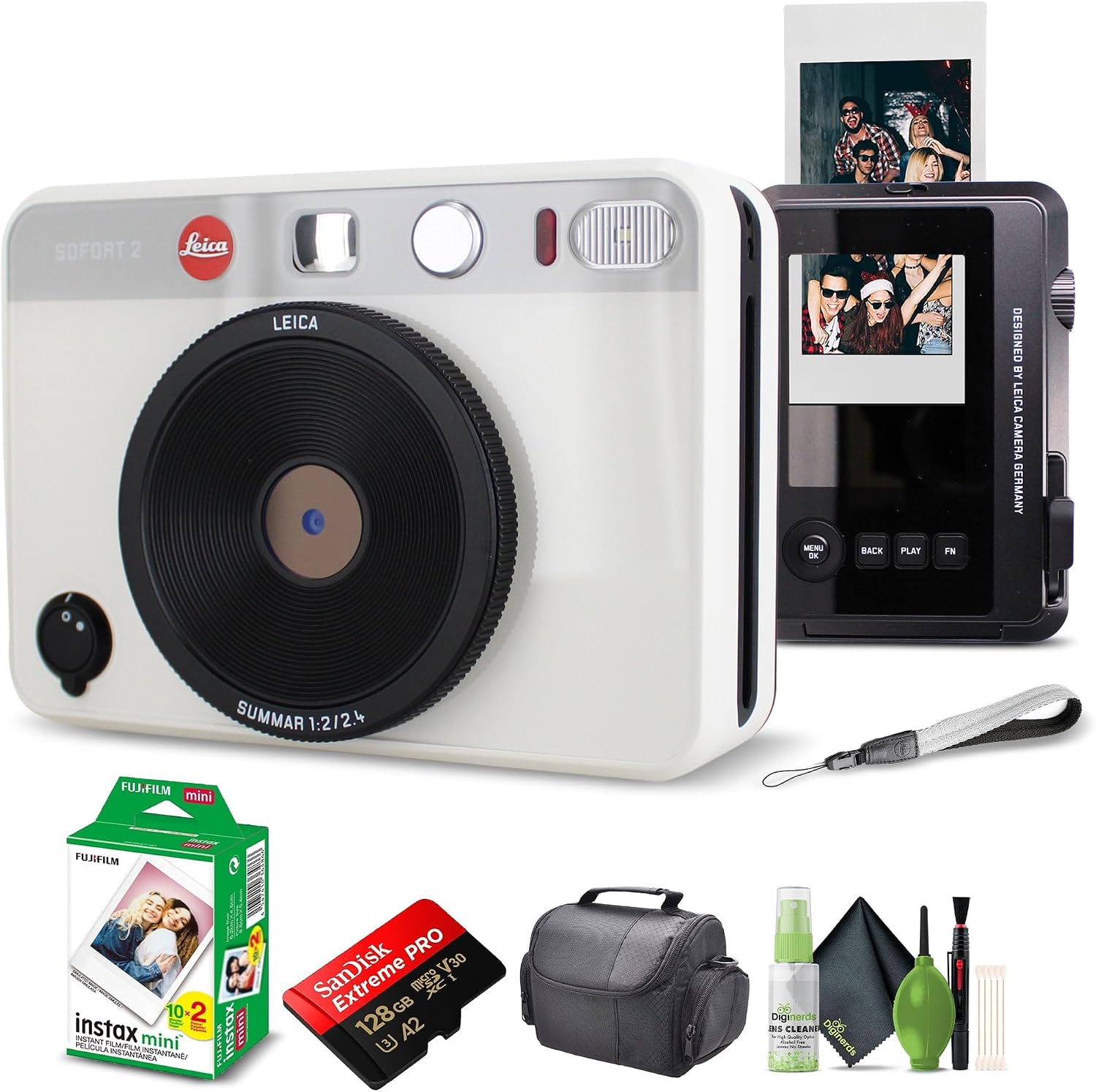 Leica Sofort 2 Hybrid Instant Photo Film and Digital Camera (White) (19188) with LCD Display Bundle with Fujifilm Instant Film 20 Sheets + 128 GB Memory Card + Bag + Cleaning Kit