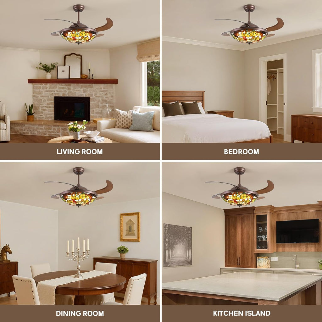 52 inch Tiffany Ceiling Fan with Light Stained Glass Fandelier with Retractable Blades 52' Vintage Ceiling Fan Light Dimmable LED Fandelier for Bedroom and Living Room