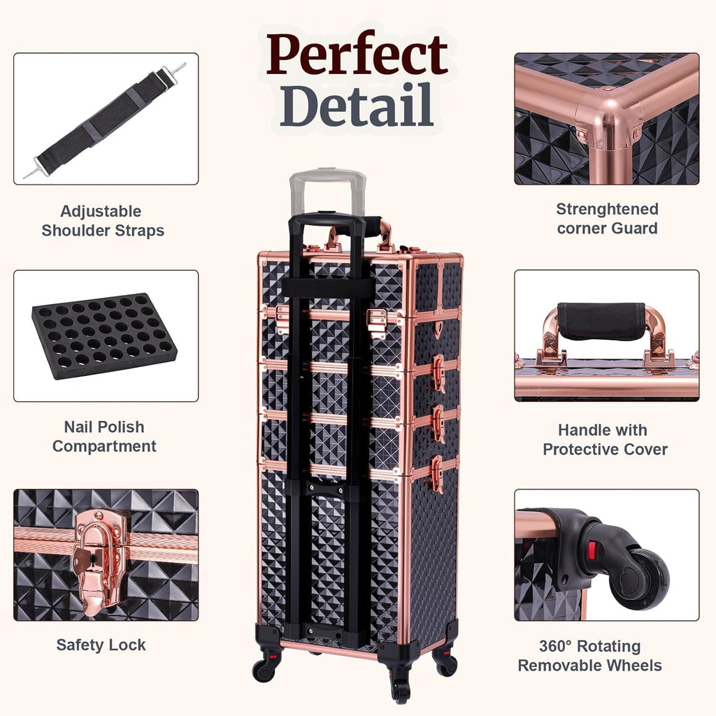 TOPACK Professional 4-In-1 Rolling Makeup Train Case, Large Makeup Travel Case with Key Shoulder Strap/Handle Cushion I Makeup Train Case I Makeup Nail Cart I Cosmetology Case on Wheels(Black Glod)