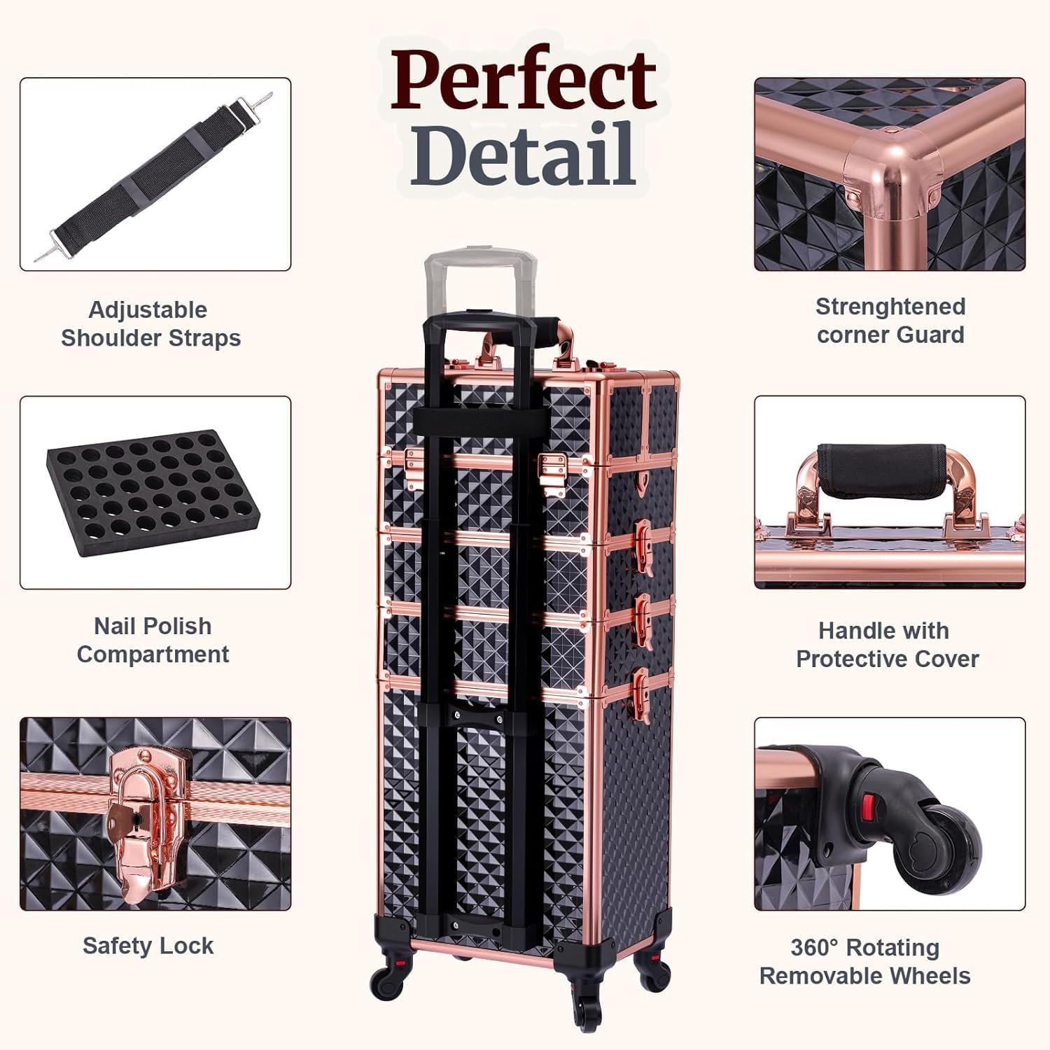 TOPACK Professional 4-In-1 Rolling Makeup Train Case, Large Makeup Travel Case with Key Shoulder Strap/Handle Cushion I Makeup Train Case I Makeup Nail Cart I Cosmetology Case on Wheels(Black Glod)
