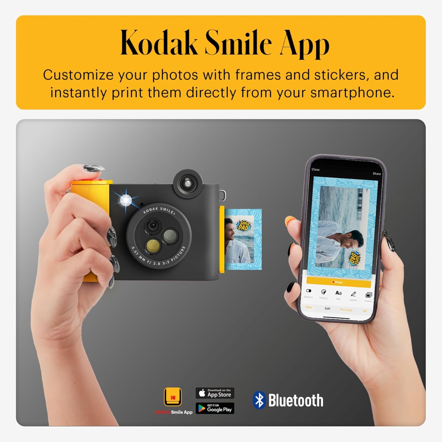 KODAK Smile+ 2-in-1 Digital Instant Print Camera & Photo Printer Gift Bundle + Case + Zink 20pk 2x3 Sticky Back Photo Paper + Album + Sticker Sets + Sticker Frames + Hanging Frames + Markers - Black
