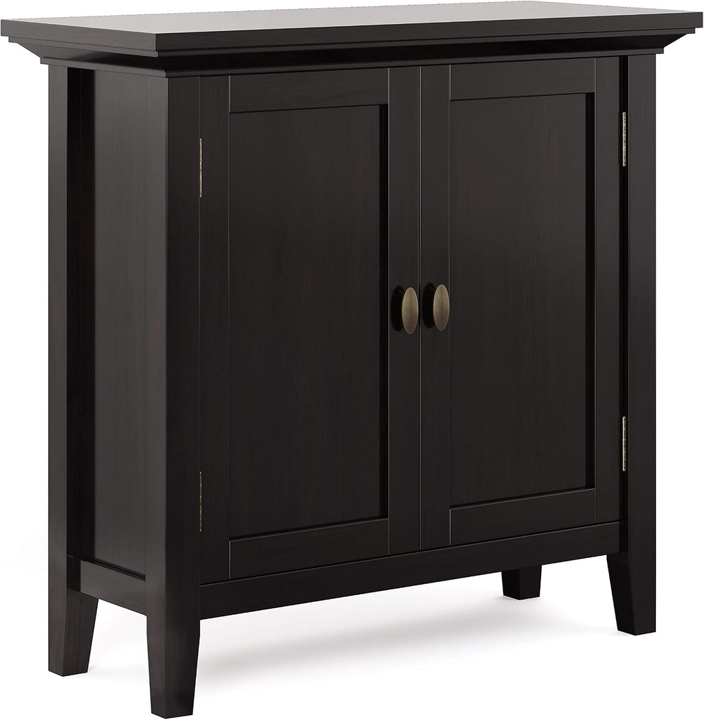 SIMPLIHOME Redmond Storage Cabinet - 32 inch Wide Solid Wood 2-Shelf Low Storage Cabinet in Hickory Brown, Transitional Accent Cabinet for Entryway with Adjustable Shelves and Tapered Legs