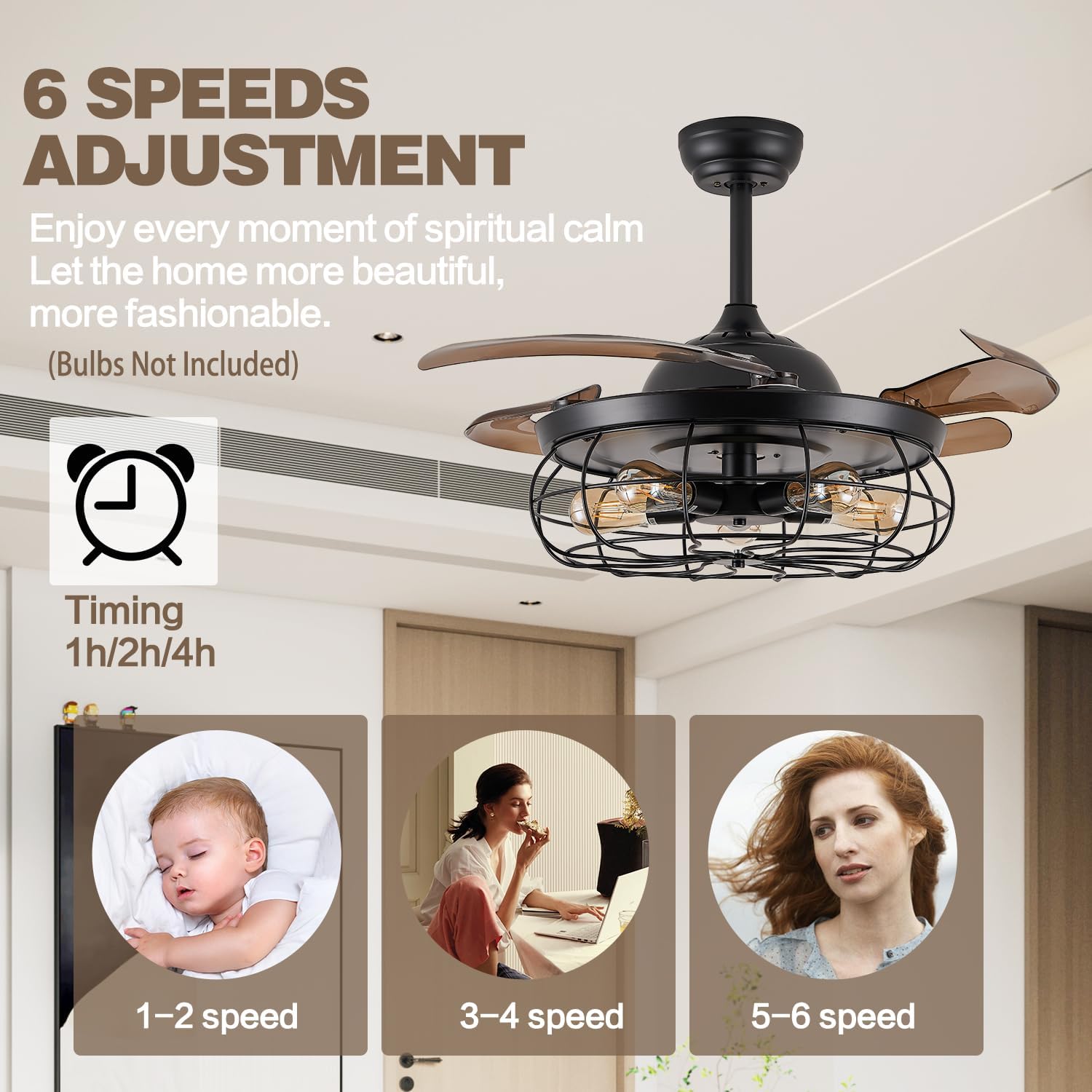 DuMaiWay 36' Caged Ceiling Fan, Industrial Retro Ceiling Fans with Remote Controller Vintage Style for Farmhouse/Living Room/Bedroom/Restaurant 5 Lights 3 Fan Blades Black