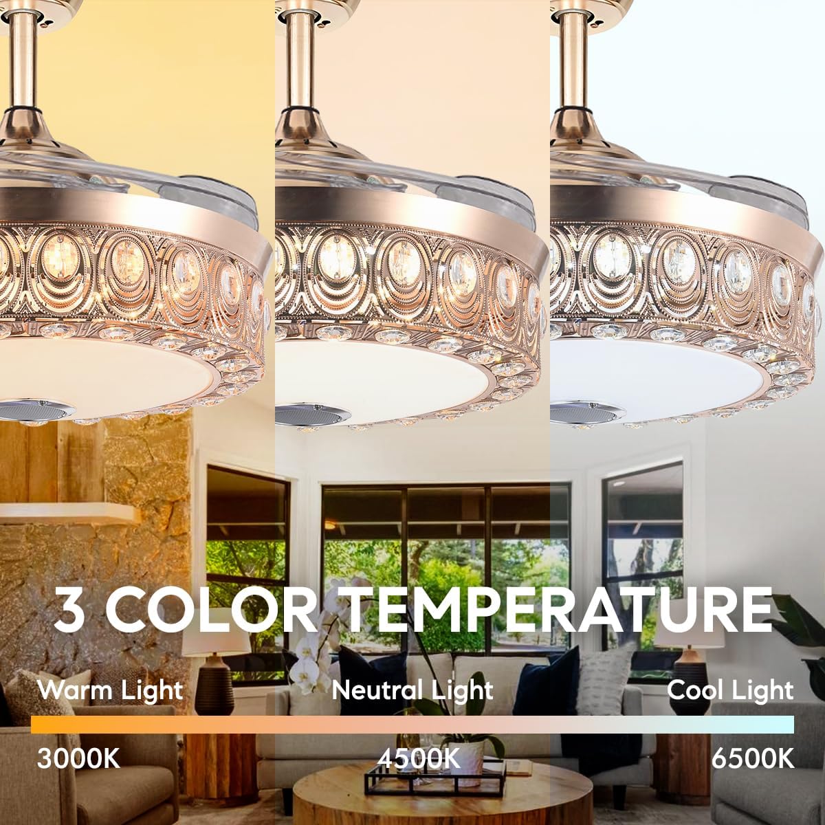 42' Crystal Fandelier Ceiling Fan with Light and Remote Bluetooth Speaker Modern Gold Chandelier Ceiling Fan Dimmable RGB Colors Retractable Blades for Dinning Room Bedroom