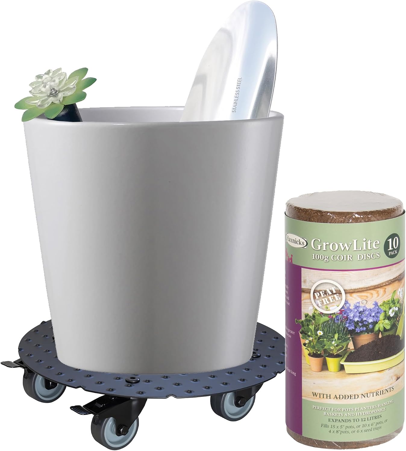 Indoor Gardening Essentials Kit – Dallas Esprit 11' Dia Ceramic Pot, Rolling Caddy, Stainless Trowel, Coir Discs & Moisture Meter