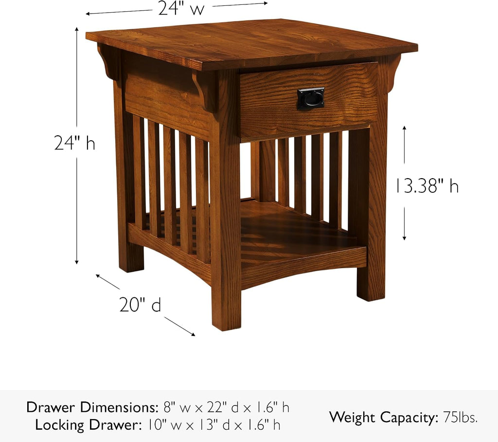 Leick Home Mission End Table, Solid Wood, 1 Storage Drawer, Additional Secret Compartment, Bottom Display Shelf, Easy-Assembly, Medium Oak, 20.0 in. L x 24.0 in. W x 24.0 in. H, 8222-SC