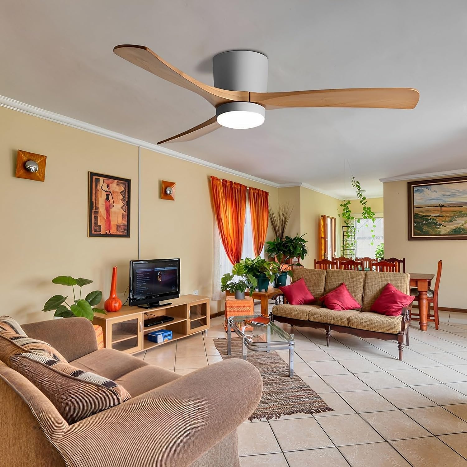 48' Quiet Ceiling Fan with LED Lights - 6 Speed Remote, 3 Color Temperatures, Modern Wood Flush Mount Ceiling Fans for Bedroom, Living Room, Dining Room