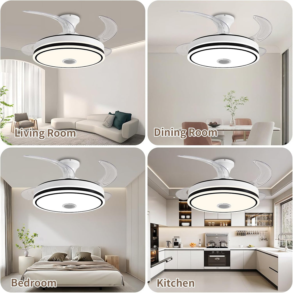 42'' Retractable Ceiling Fan with Lights, Smart Ceiling Fan Light with Bluetooth Speaker, App Control for Dimming & RGB Color Change Reversible Bedroom Living Room