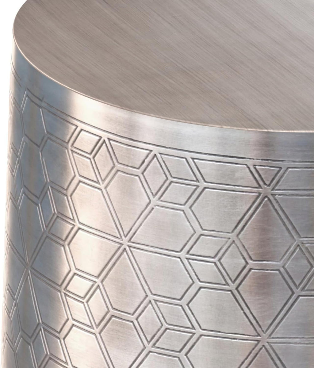 SIMPLIHOME Johnsen Metal Table - 15 inch Wide Solid Iron Round Accent Table in Antique Silver, Boho Side or End Table for Living Room or Bedroom with Etched Geometric Pattern, Assembled