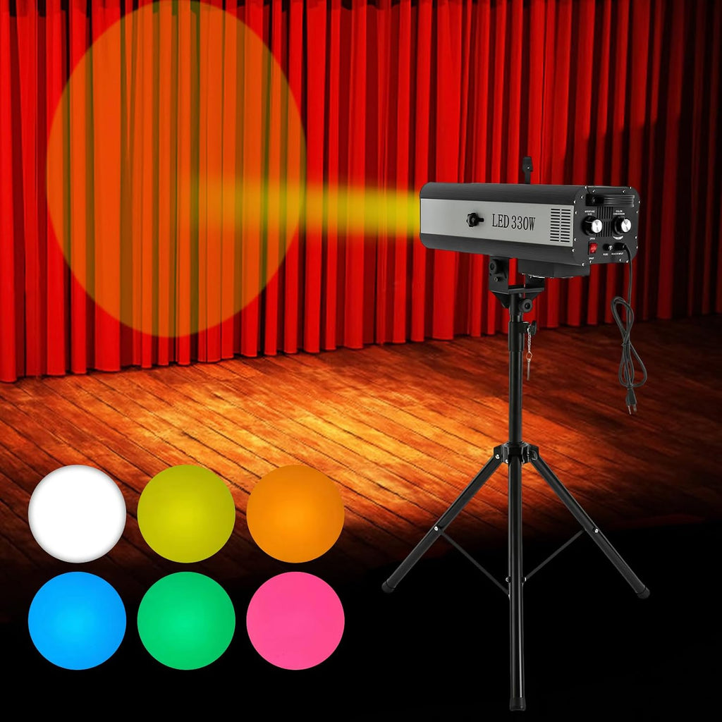 LED Follow Spot Light, 330W Stage Spotlight with Stand Muti-Color Manual Control Stage Light LED Follow Spotlight for Stage Party Show Wedding Adjustable Aperture Max Illumination Distance 98.4ft