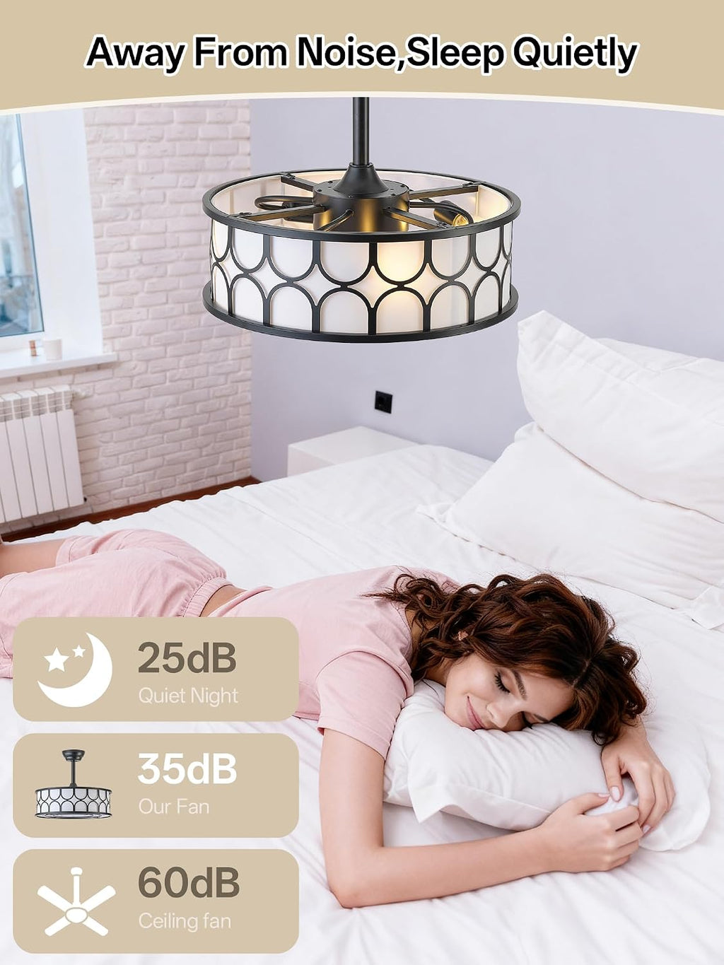 20' Black Boho Fandelier Ceiling Fan with Lights, Caged Bladeless Ceiling Fan with Light Remote Control, Chandelier with 6 Speeds for Bedroom, Nursery, Living Room