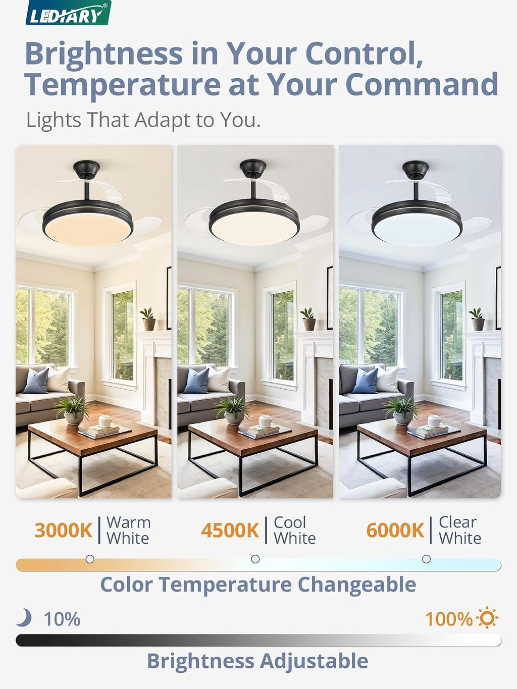 LEDIARY Retractable Ceiling Fan with Lights and Remote & APP Control, 42 Inch Fandelier Ceiling Fan with Light, 6 Speed Dimmable Reversible Memory, Modern Silent Smart Fan for Bedroom Living Room