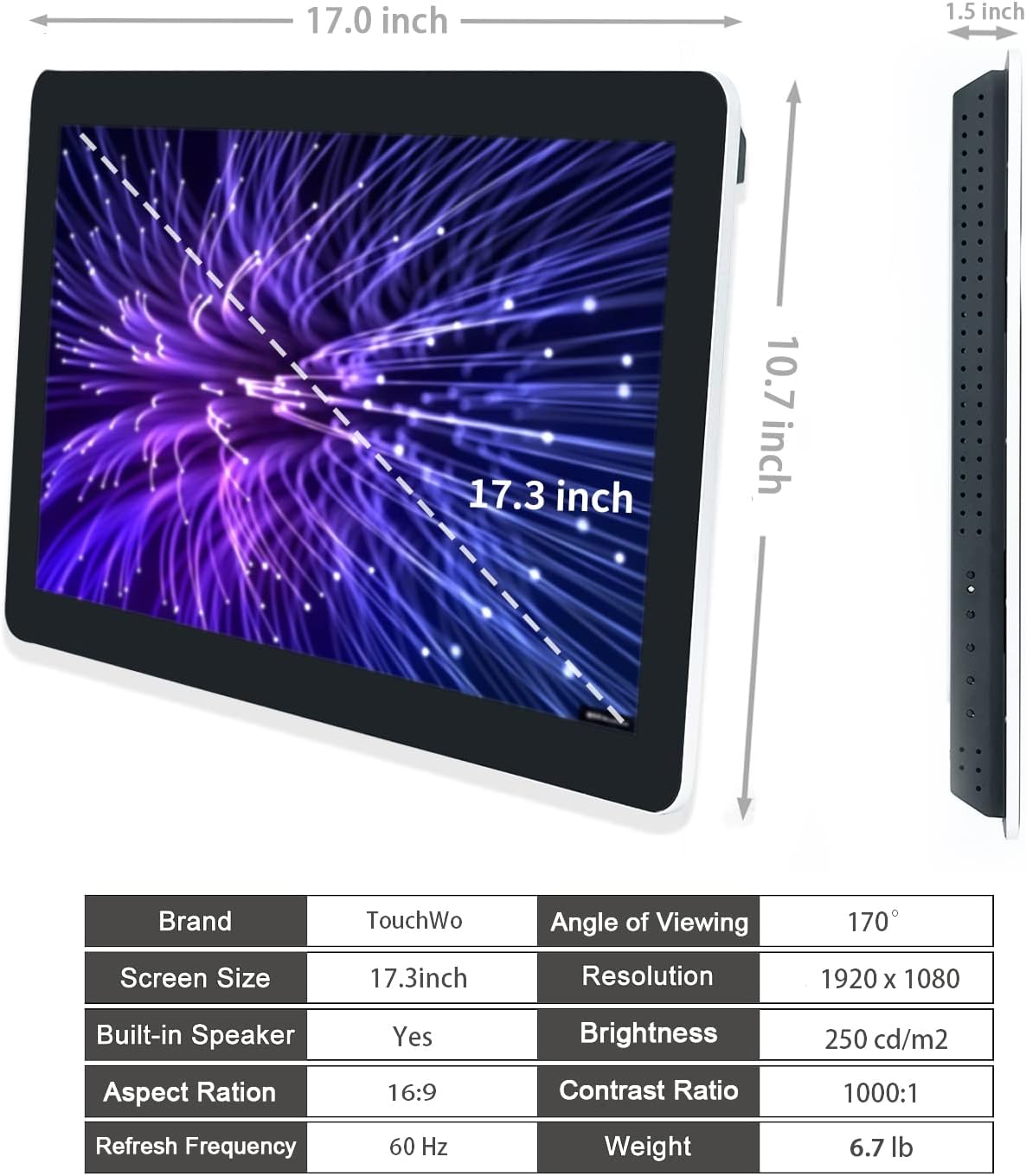 17.3 inch Android 11 Touchscreen Monitor Tablet, 16:9 FHD 1080P, WiFi & BT, Built-in Speakers,RK3568 4GB RAM & 32GB ROM, Smart Board for Classroom, Meeting & Game