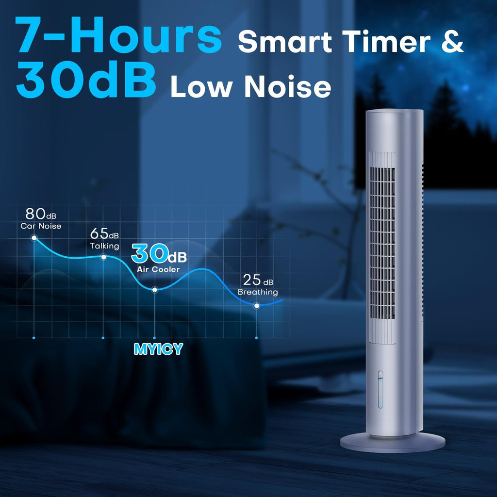 Evaporative Air Cooler, 35' Windowless Air Conditioner Portable, 3 Speeds, 1.2L Water Tank, 3 Ice Packs, 20ft Remote, 7H Timer, No Hose No Window Needed,70° Oscillating Portable AC Unit for Room