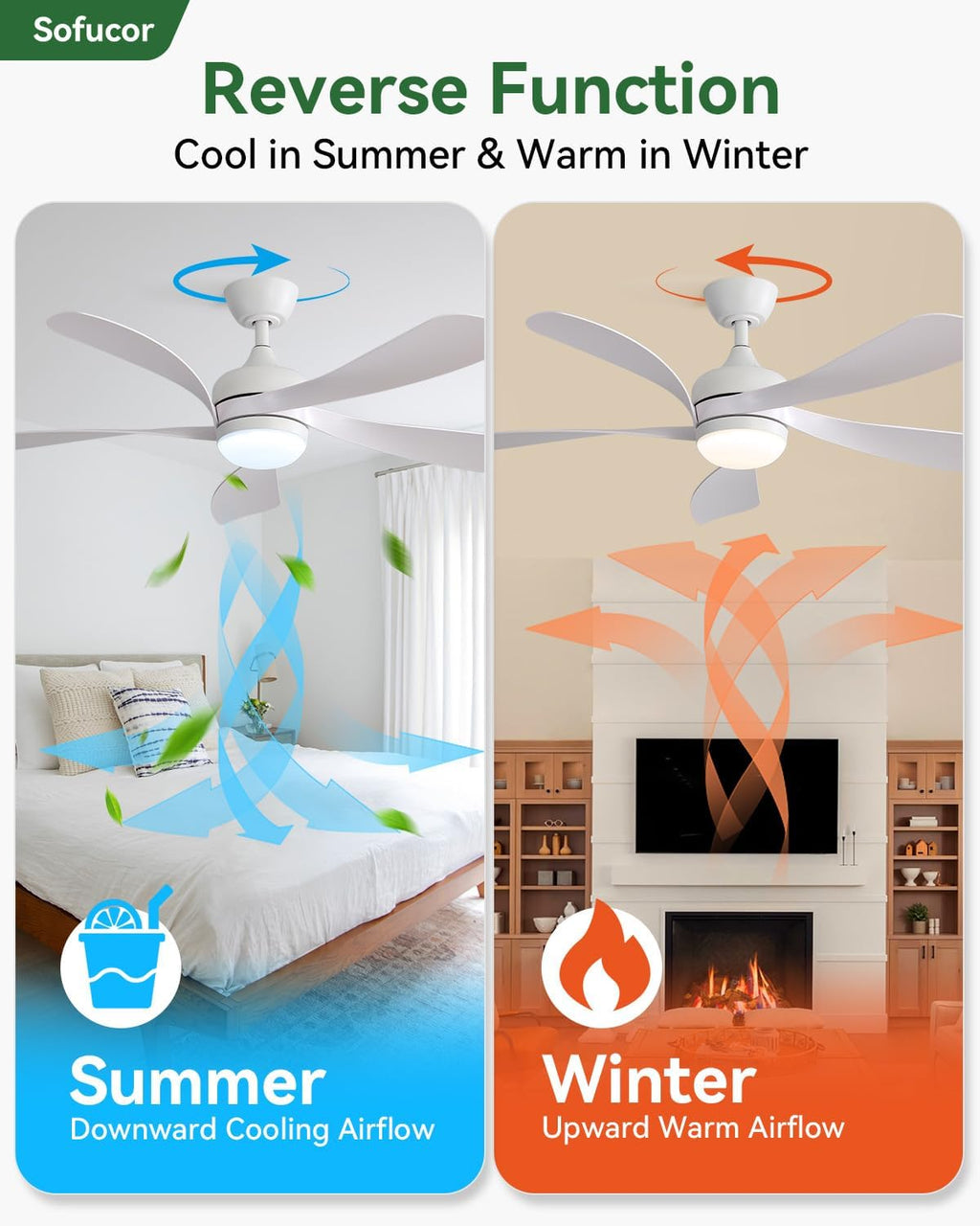 Sofucor 52 Inch Ceiling Fans with Lights and Remote, Outdoor Ceiling Fan with Light 6-Speed 3 CCT 3-Timer, White Low Profile Ceiling Fan 5 Blade Reversible DC Motor for Living Room Bedroom Patio