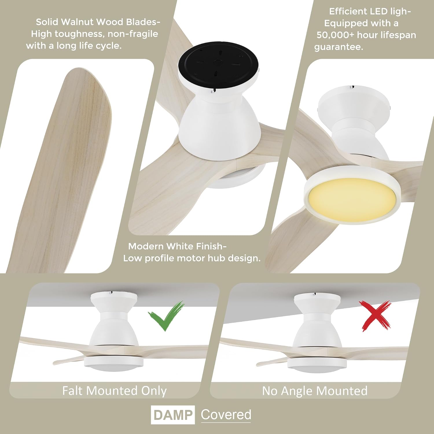 SMAAIR Smart Ceiling Fans with Lights Damp Covered, Solid Wood Flush Mount, Tri-Color Temperatures LED Dimmable,Quiet Reversible Motor, Works with Alexa|Google Assistant|Siri Shortcuts (52inch, White)
