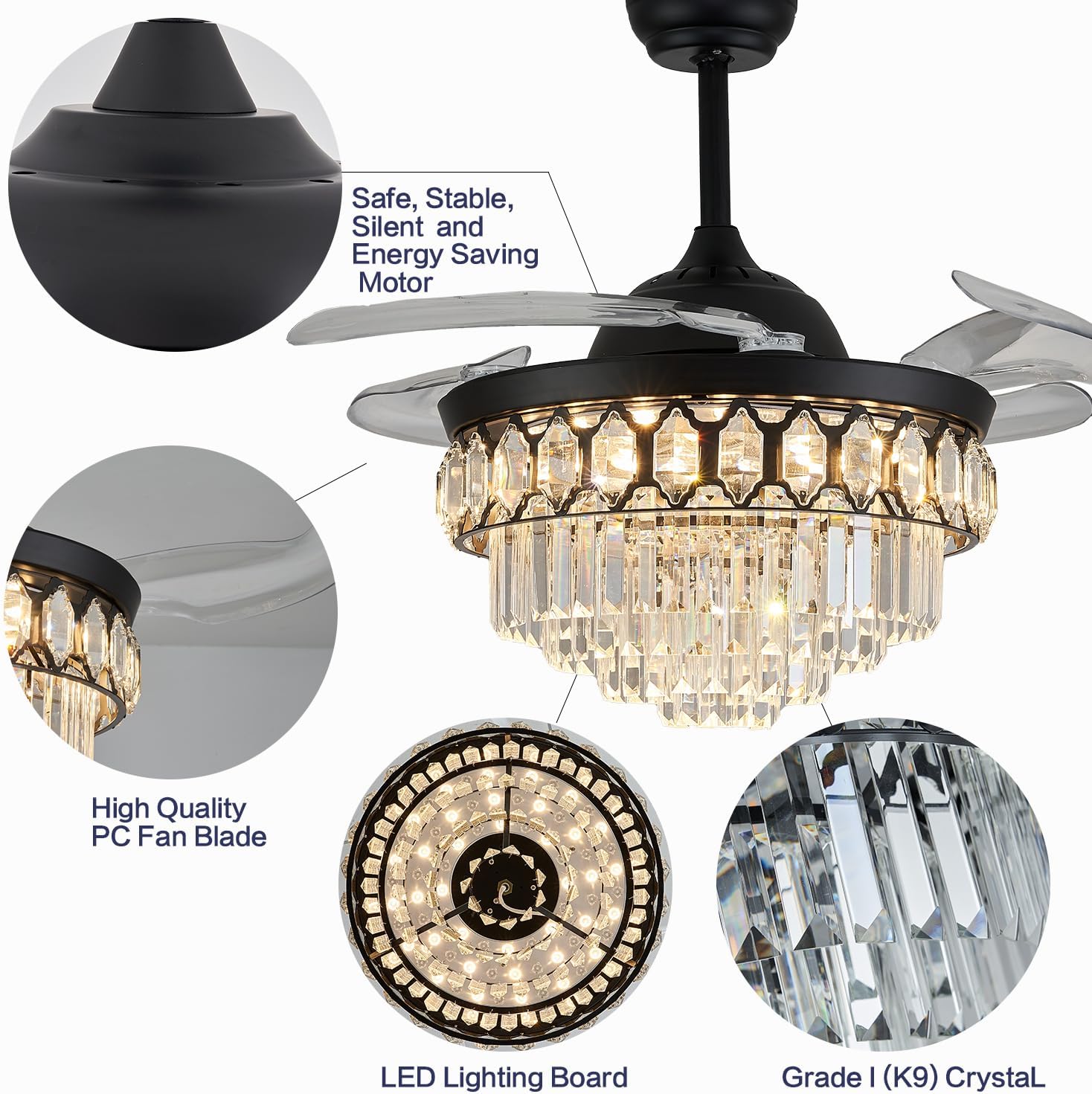 48' Dimmable Black Fandelier Ceiling Fans with Lights and Remote Modern Retractable Blade Crystal Chandelier Ceiling Fan with Light for Bedroom Dinning Room Living Room