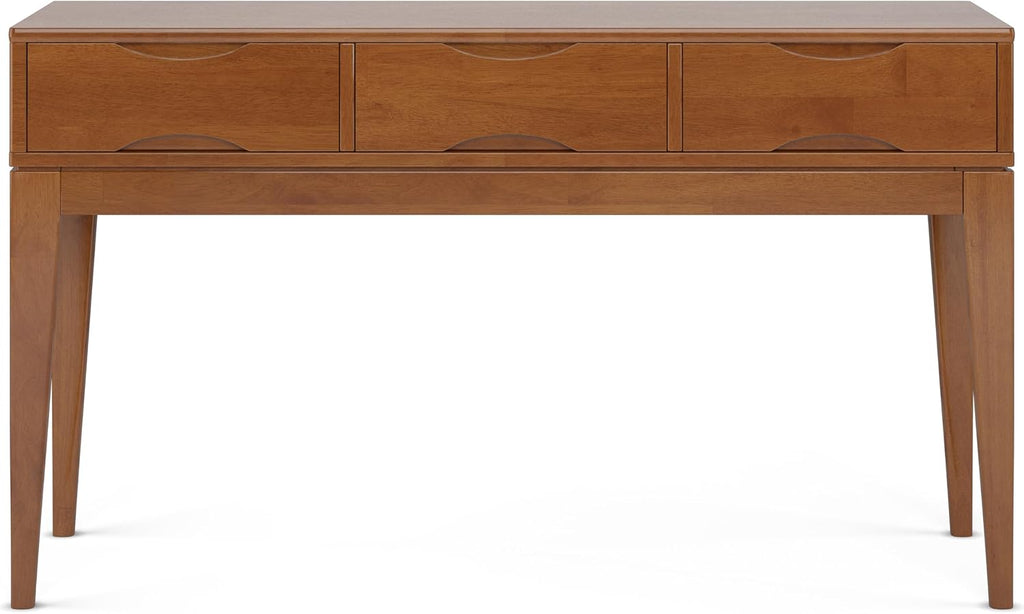 SIMPLIHOME Harper Console Table - 54 Inch Wide Solid Hardwood Sofa Table in Teak Brown, Mid-Century Modern Storage Table for Entryway or Living Room with 3 Drawers, Notched Handles, and Tapered Legs